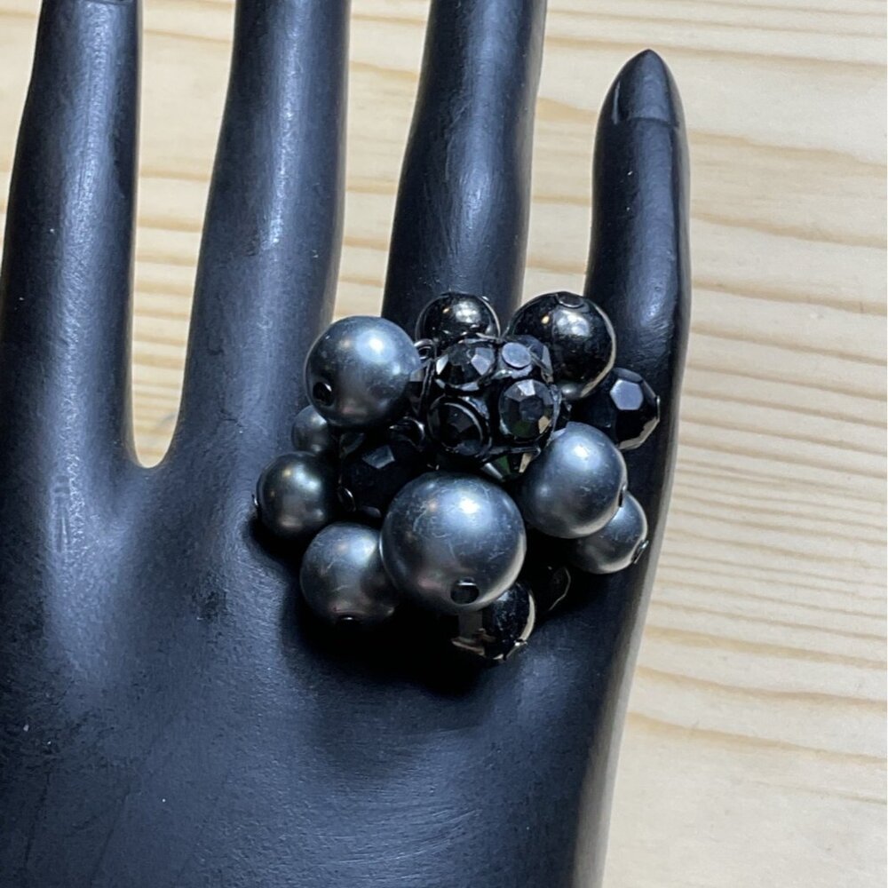 Black Beaded ChaCah Stretch Ring With Clustered Faux Pearls